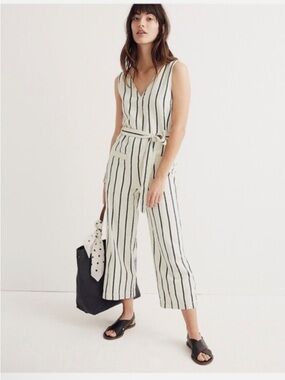 Madewell Linen Striped V-Neck Sleeveless Jumpsuit